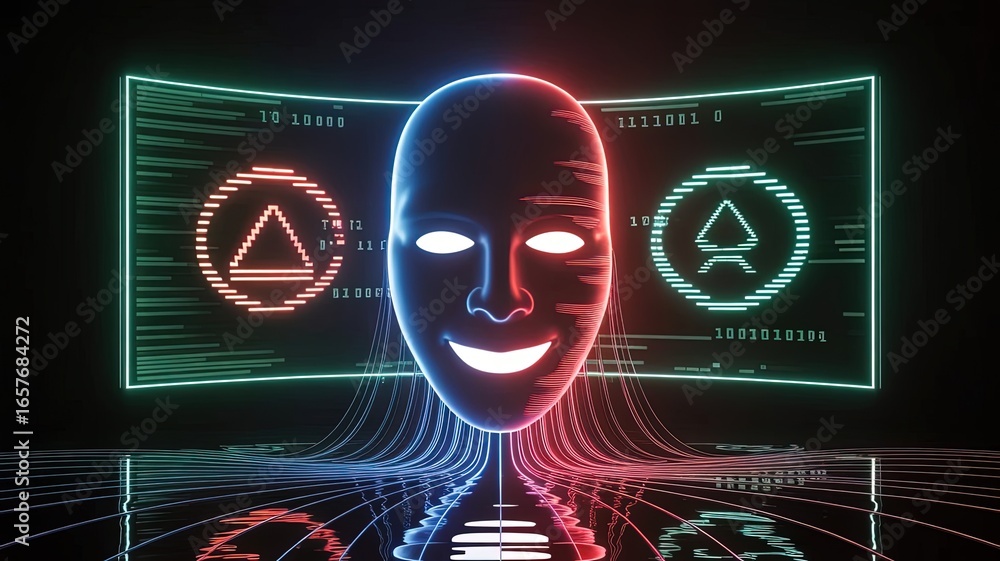 Aufkleber digital identity: the image displays a glowing mask, a symbol of digital identity, against a backdro
