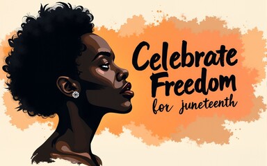 Abstract vector illustration of a black face in a single brush stroke style with text Celebrate Freedom for Juneteenth. High quality