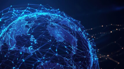 Futuristic visualization of a complex global digital network with interconnected nodes and data exchange representing advanced technology communication and information infrastructure