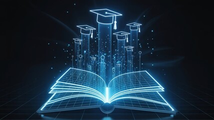 Digital Education: An inspiring composition featuring an open book radiating digital enlightenment and showcasing floating graduation caps