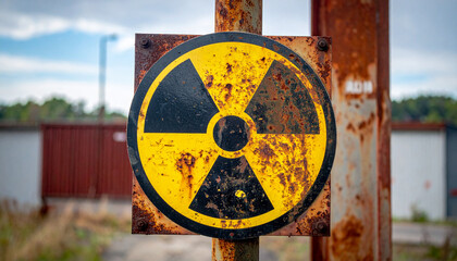 Close-up of a weathered, rusty radiation warning symbol, indicating nuclear hazard.