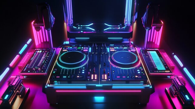 Futuristic DJ music system with sleek holographic turntables digital mixers and neon lit speakers The setup is perfect for a high energy club event with an advanced tech vibe
