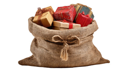 A burlap sack overflowing with wrapped gifts