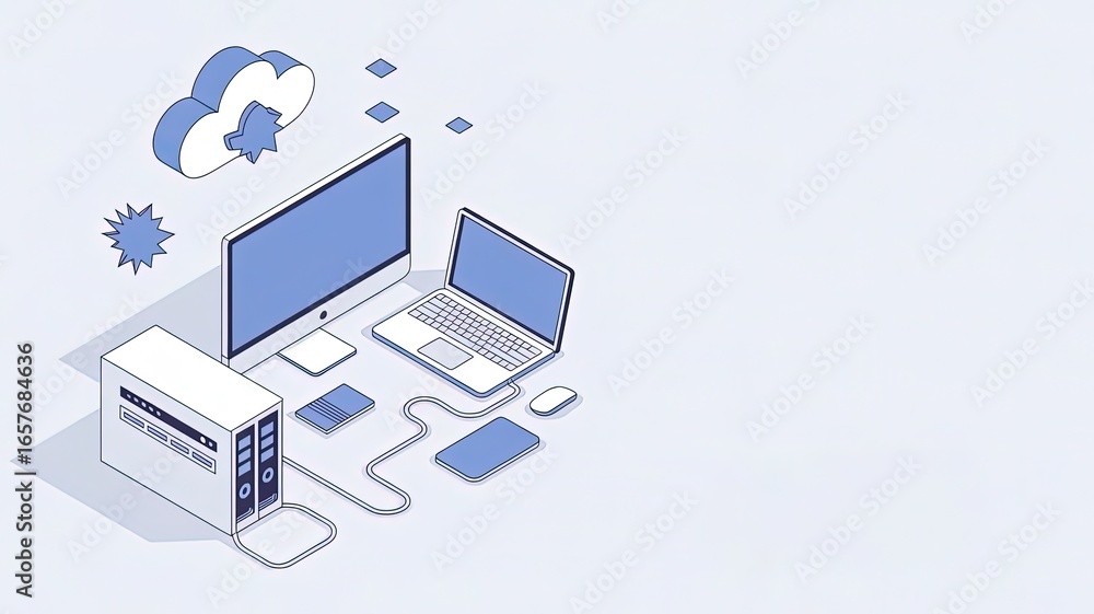 Poster cloud computing and digital devices: a sleek and modern illustration showcases interconnected digita