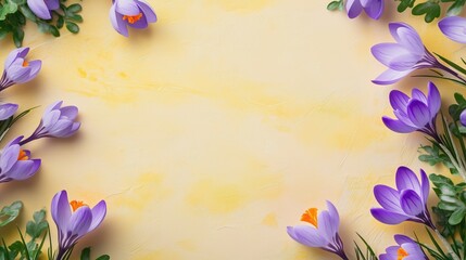 Elegant floral frame with blooming purple crocuses and soft yellow pastel background, perfect for spring and Easter themes