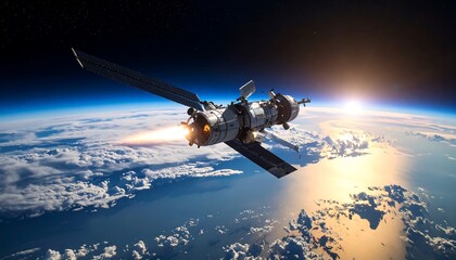 Dramatic view of a space station over Earth with the sun rising in the background
