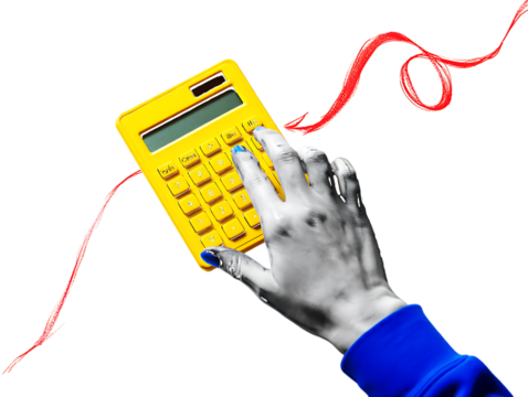Yellow calculator with hand and red arrow isolated on a transparent background finger pressing