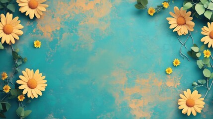 Floral Arrangement with Yellow Daisies and Green Leaves on a Teal Background