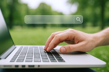 Hands Typing on Laptop with Search Bar Overlay for Online Information Access Outdoors