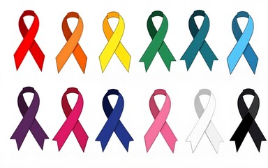 Set of colorful ribbons for various awareness dates in the year. It has ribbons in the colors: red, orange, yellow, green, cyan, blue, purple, pink, white and black. High quality