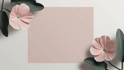 Floral Frame with Copy Space: Delicate Pink Flowers and Green Leaves on a Neutral Background for Creative Design
