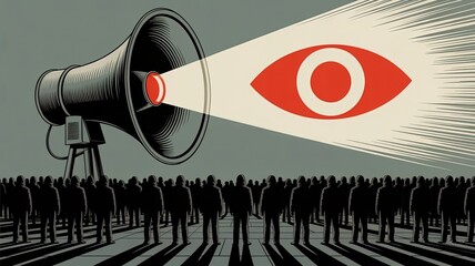 Big Brother is Watching: An artistic portrayal of surveillance, using a megaphone to project an eye upon a crowd, illustrating themes of control and observation.