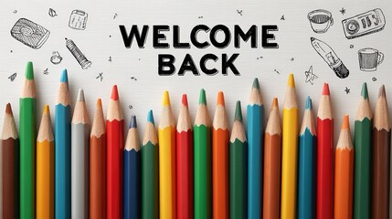 Welcome Back Colored Pencils Background (Hand - drawn Icons and Text Decoration)