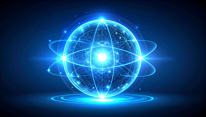 Digital illustration of an atom with orbiting electrons and a glowing nucleus.