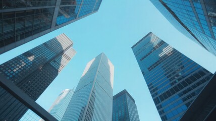 Urban Ascent: Low-angle view of a collection of modern skyscrapers, their glass and steel facades reaching for the bright blue sky, exuding an atmosphere of urban ambition and financial power.