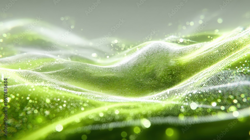 Poster luminous green energy field: abstract wave pattern with glowing particles for technology backgrounds