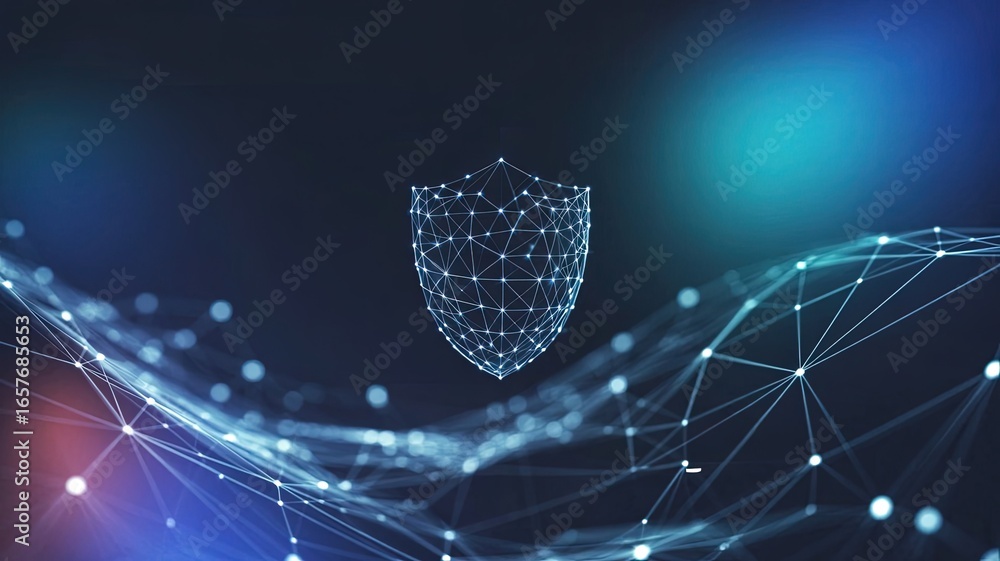Poster cybersecurity shield: a digital shield, formed from intricate lines and luminous dots, stands as a s