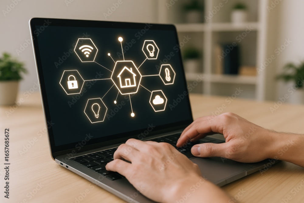 Poster smart home automation system interface displayed on laptop screen, user operating technology close u