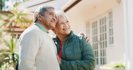 Happy, hug and senior couple in backyard with smile for retirement home, real estate and security....