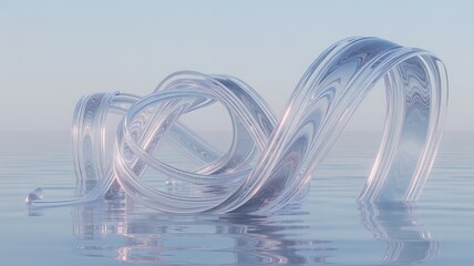 Abstract glass ribbons floating on water surface creating beautiful patterns and reflections serene and calming scene for visual content creation