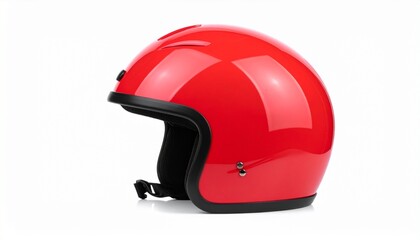 Fototapeta premium Glossy red open-face motorcycle helmet with black trim and interior, side profile view on white background.