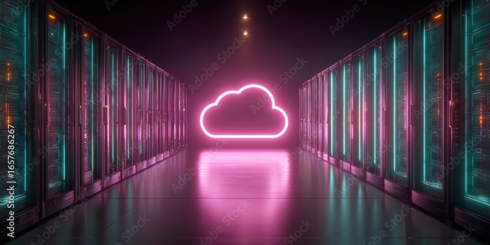 Poster cloud computing server room with neon cloud symbol illuminating data storage and processing infrastr