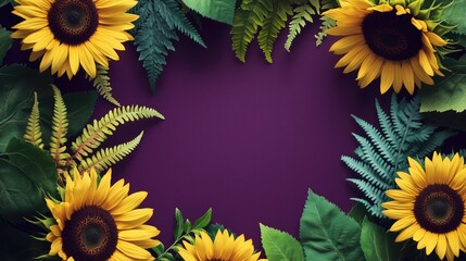 Vibrant Sunflowers and Ferns Against a Deep Plum Backdrop, Creating a Natural Frame