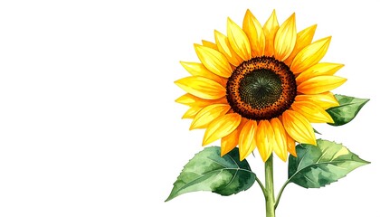 Fototapeta premium A vibrant, detailed depiction of a sunflower, rendered in watercolor style, with bright yellow petals and green leaves, set against a plain white background.