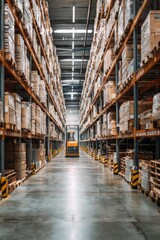 A warehouse aisle with stacked pallets and robots moving items An AI robot is organizing inventory based on demand forecasts The mood, Generative AI