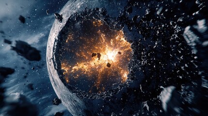Spectacular Cosmic Explosion with Fiery Core and Dark Asteroid Debris in Deep Space