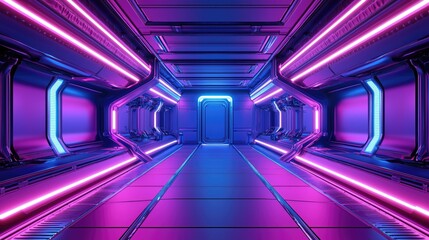 Futuristic Sci-Fi Interior with Neon Lights and Sleek Metal Surfaces: A High-Tech Corridor