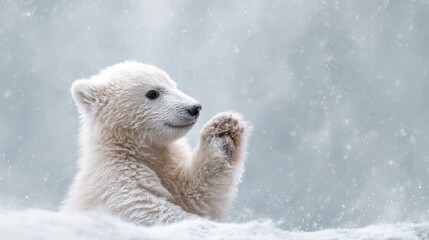 Fototapeta premium Cute polar bear baby cub raising paw and waving. Wild animal in snowy Arctic. Winter wildlife and nature adventure.