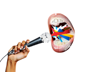 Mouth speaking colorful abstract shapes into microphone isolated on a transparent background sound