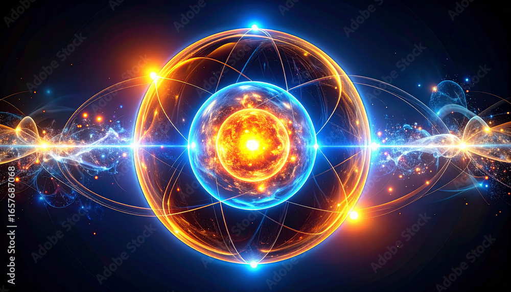 Poster intricate digital illustration of an atom's structure, showcasing energy fields and particles.
