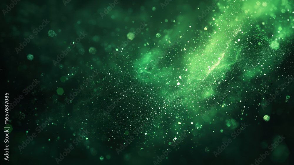 Wall mural a green background with particles or elements randomly drifting in space.