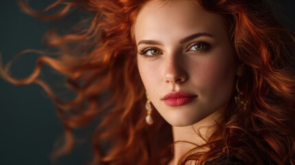 Woman with flowing red hair. Portrait of a beautiful caucasian girl with striking eyes. Hair care and beauty concept.