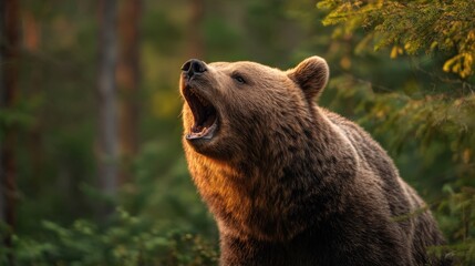 Obraz premium Close up of a wild brown bear roaring in a green forest at sunset. Wildlife animal concept for nature conservation.