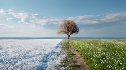 Blooming tree with a path dividing a snowy field and a green field. Changing seasons environment concept.