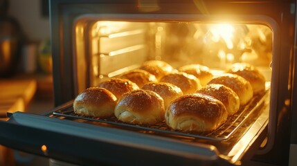 Freshly baked bread buns golden brown in a hot oven. Homemade pastry, delicious breakfast food warm cooked in kitchen. Comfort food concept.