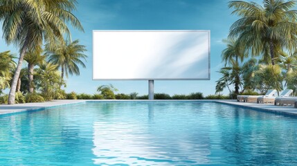 Blank white billboard by a clear blue swimming pool with palm trees under a bright sky. Tropical resort advertising concept.