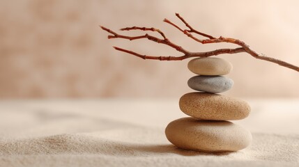 Smooth river rock cairn in balanced stack with dry branch on sand for wellbeing and tranquil spiritual spa.