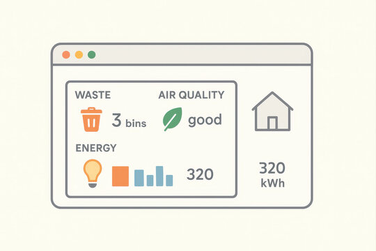 Smart home interface displaying waste management with three bins, air quality as good, and energy consumption at 320 kWh. design is simple and informative
