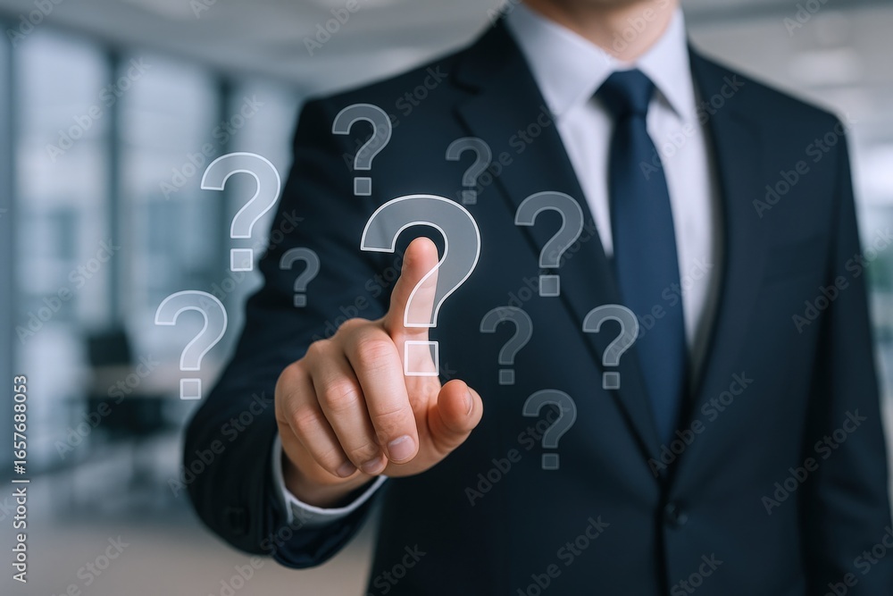 Poster businessman touching question mark on virtual screen displaying uncertainty and problem solving in a