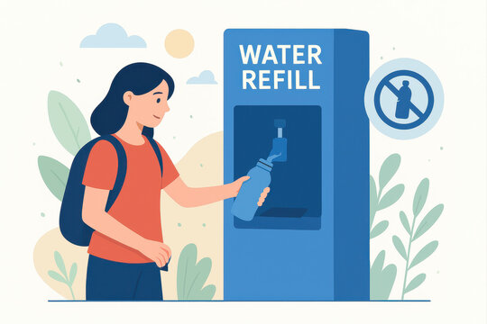 Person refills water bottle at water refill station, promoting eco friendly practices and hydration. scene includes no plastic sign, emphasizing sustainability and environmental awareness