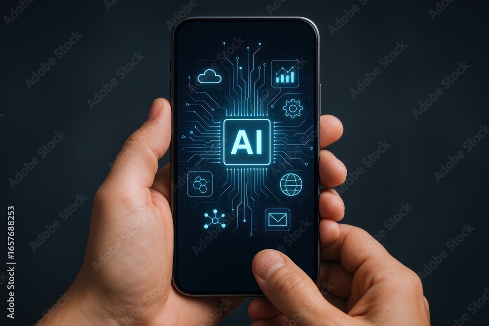 Poster hands holding smartphone displaying ai iconography, symbolizing artificial intelligence, futuristic 