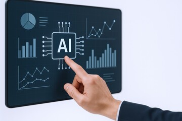 Artificial Intelligence Interface: A Hand Interacting with a Digital Screen Displaying Data and Analytics