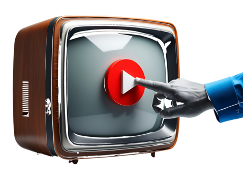 Vintage television screen with play button and finger isolated on a transparent background retro