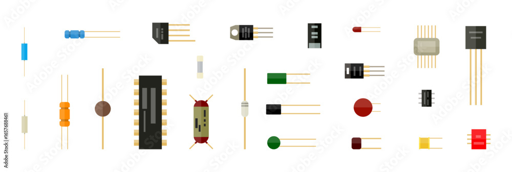 Poster electronic component set. collection of various microchips and radio system parts. digital circuit b