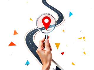 Hand holding magnifying glass over red location pin on winding road isolated on a transparent background
