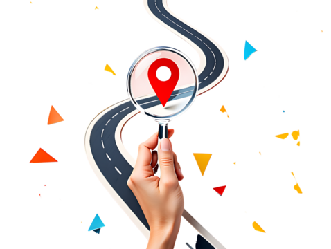 Hand holding magnifying glass over red location pin on winding road isolated on a transparent background